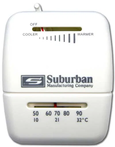 161154 – SUBURBAN MFG Wall Thermostat, Single Stage For Heat Control Mechanical Readout White Case